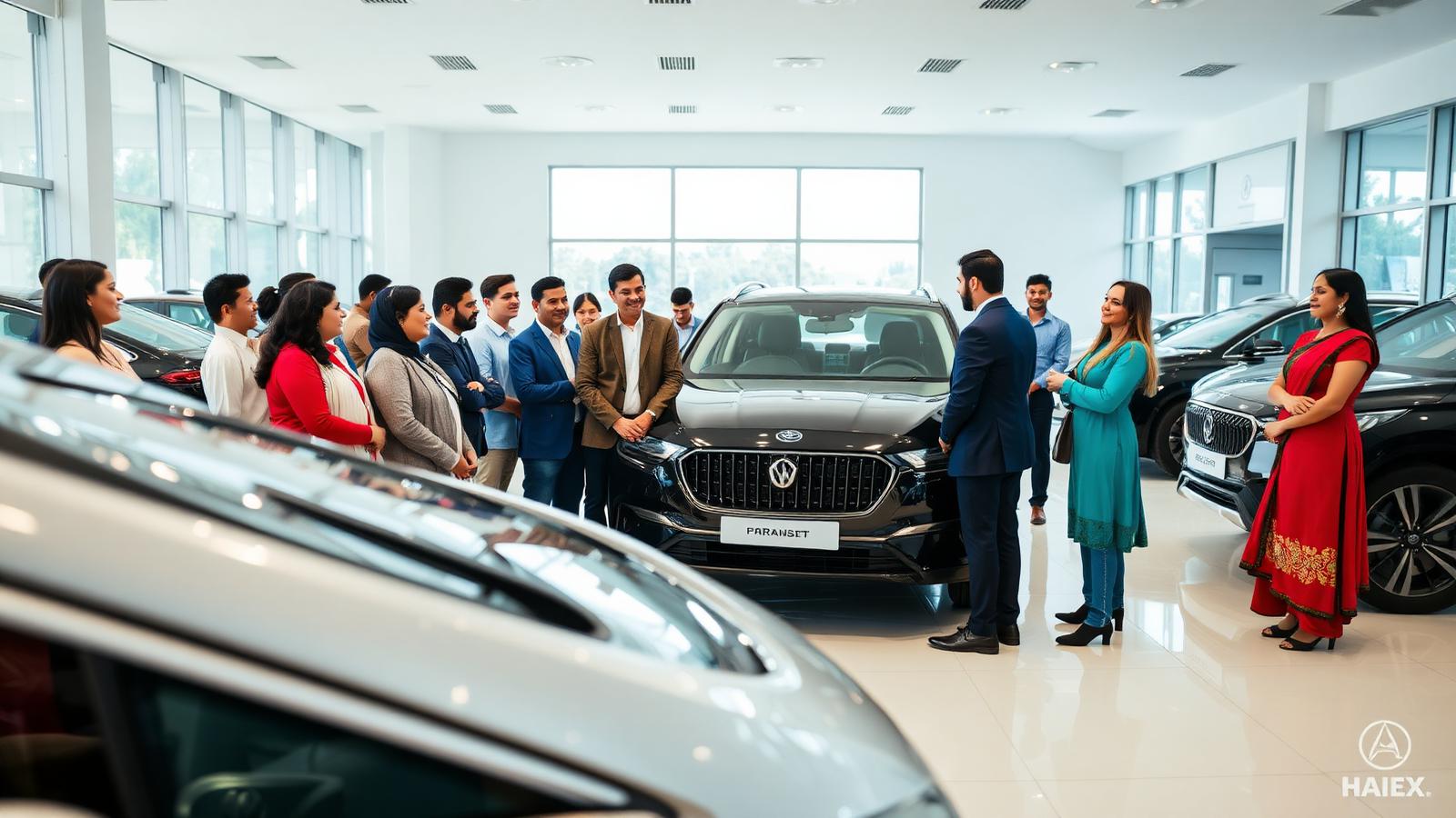 GadiDikhao team welcoming a customer in a bright car showroom
