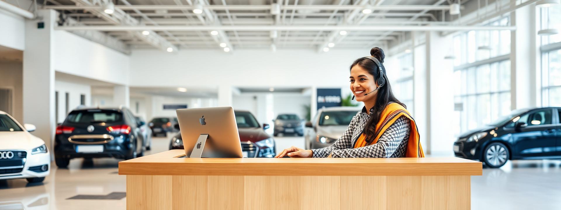 Customer support desk at a bright car showroom