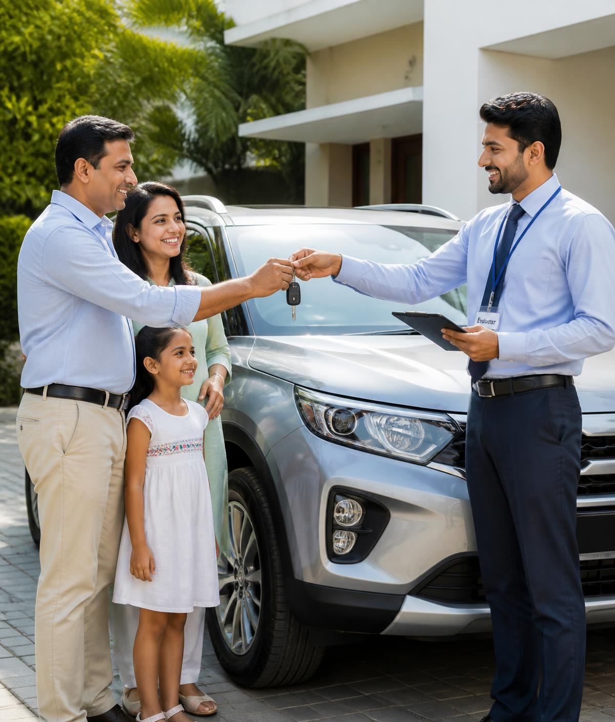 GadiDikhao evaluator handing over payment to a happy car seller at home